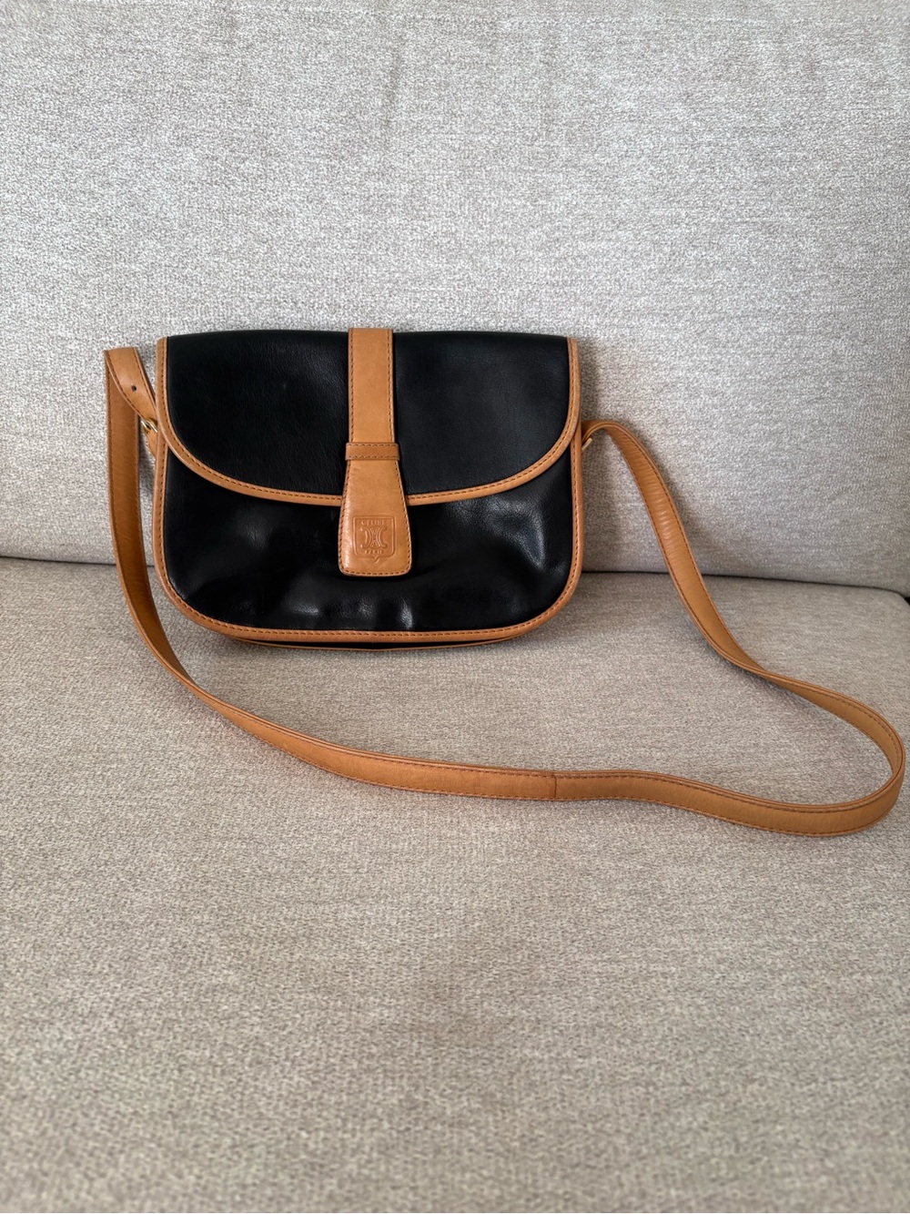 Vintage Celine Leather Crossbody Bag in Black and Tan